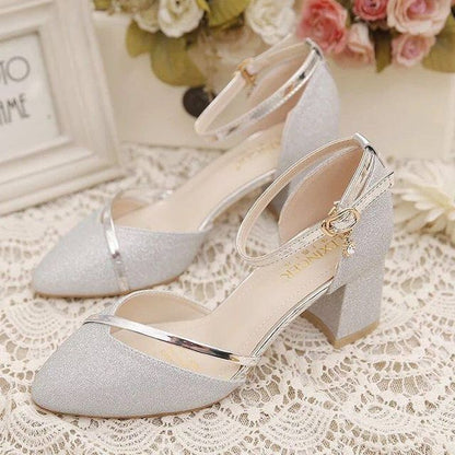 Glitter Pointed Pumps Ankle Toe Heel Block D'Orsay Strap