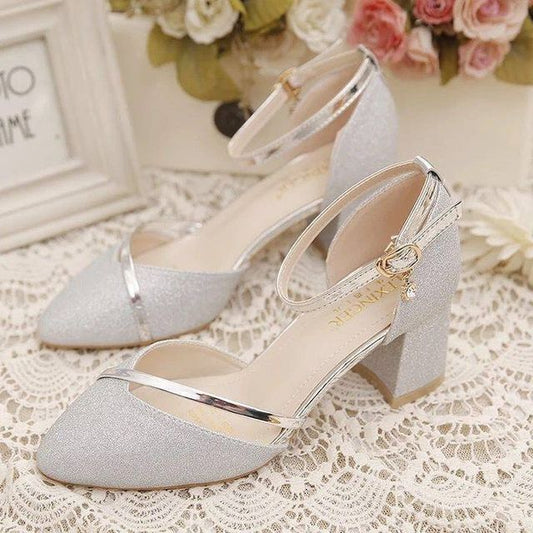 Glitter Pointed Pumps Ankle Toe Heel Block D'Orsay Strap