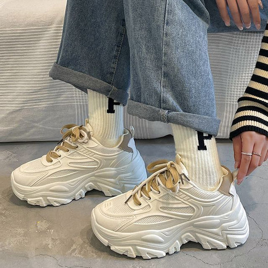 Leather Tone Platform Lace-Up Faux Mesh Sneakers Two Panel