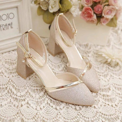 Glitter Pointed Pumps Ankle Toe Heel Block D'Orsay Strap