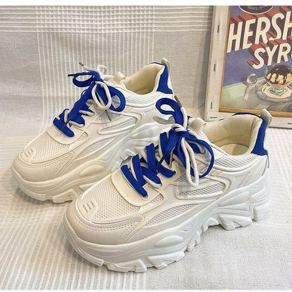 Leather Tone Platform Lace-Up Faux Mesh Sneakers Two Panel