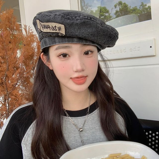 Hat Embroidered Lettering Beret Denim