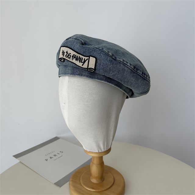 Hat Embroidered Lettering Beret Denim