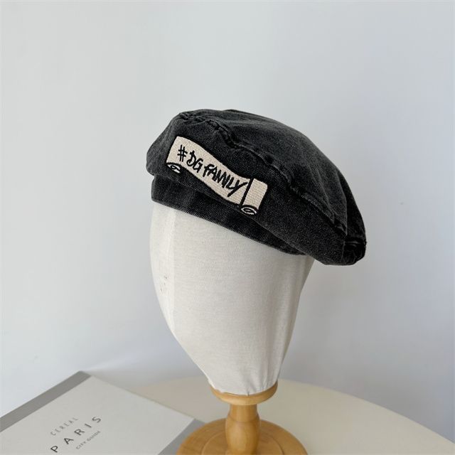 Hat Embroidered Lettering Beret Denim