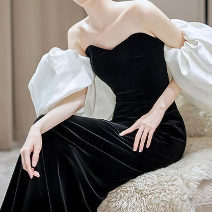 Puff Sleeve Off Shoulder Two Tone Velvet A-Line Evening Gown