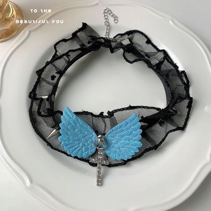 Cross Rhinestone Wing Pendant Studded Lace Choker