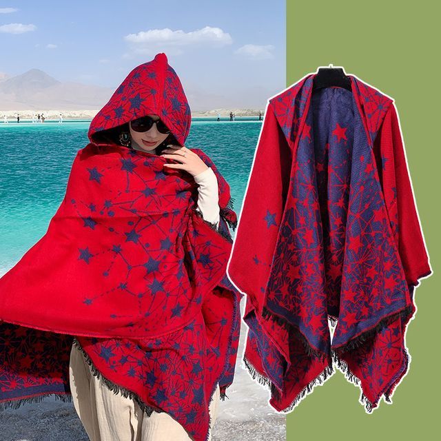 Print Fringed Hooded Cape