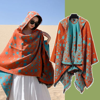 Print Fringed Hooded Cape