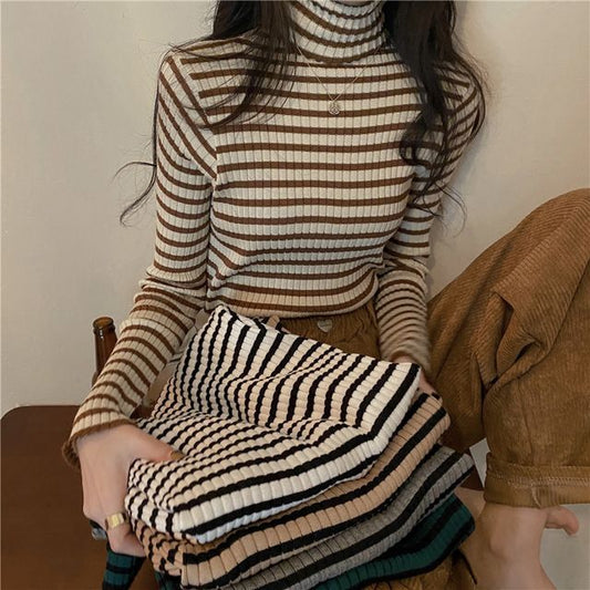 Long-Sleeve Turtleneck Striped Ribbed Knit Top