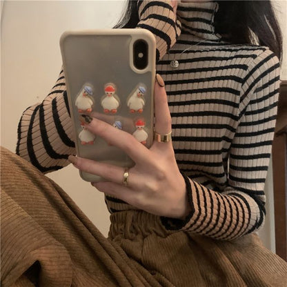 Long-Sleeve Turtleneck Striped Ribbed Knit Top