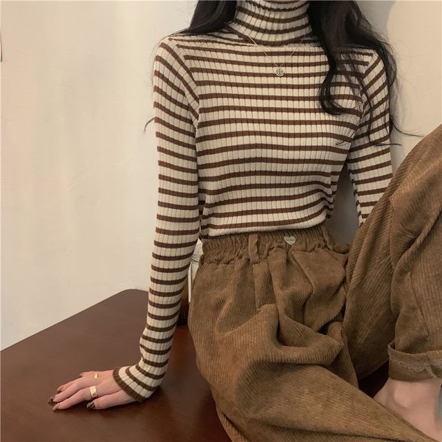 Long-Sleeve Turtleneck Striped Ribbed Knit Top