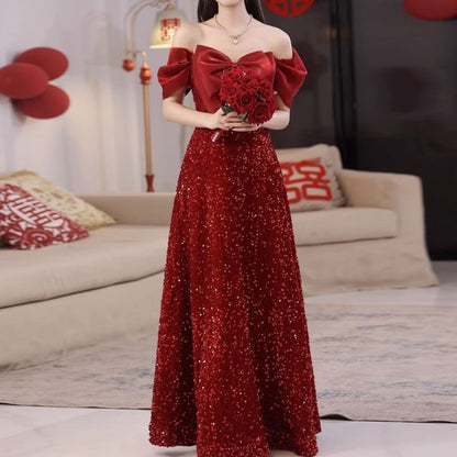 Short-Sleeve Off-Shoulder Plain Sequin Bow Accent A-Line Evening Gown