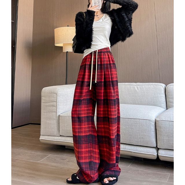 Plaid High Rise Wide Leg Drawstring Sweatpants