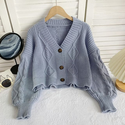 V-Neck Plain Button-Up Cable Knit Cardigan