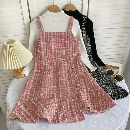 Set: Long-Sleeve High Neck Plain Ribbed Knit Top + Tweed Plaid Mini Dungaree Dress