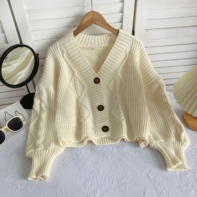 V-Neck Plain Button-Up Cable Knit Cardigan