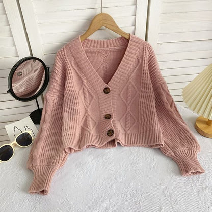 V-Neck Plain Button-Up Cable Knit Cardigan