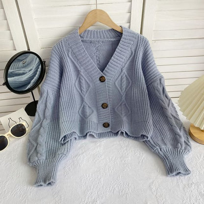 V-Neck Plain Button-Up Cable Knit Cardigan