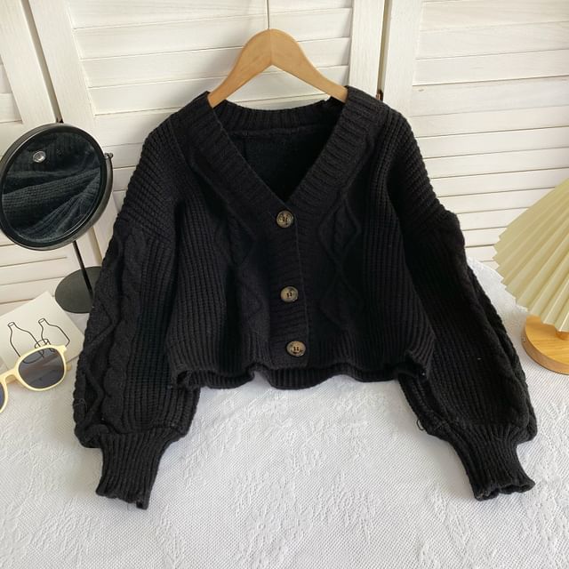 V-Neck Plain Button-Up Cable Knit Cardigan