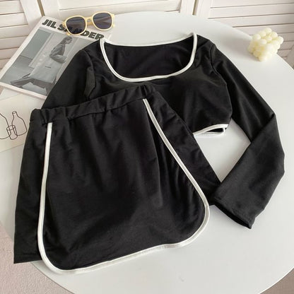 Set: Long-Sleeve Scoop Neck Contrast Trim Crop T-Shirt + High Waist Mini A-Line Skirt