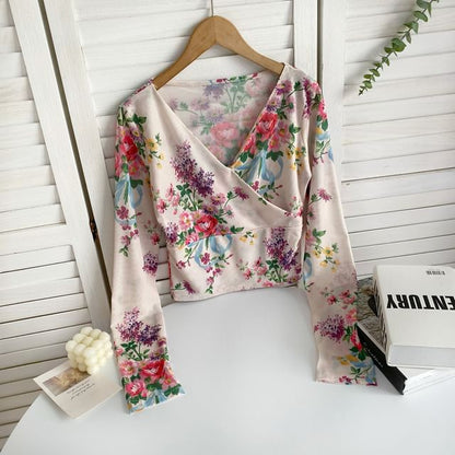 Long-Sleeve V-Neck Floral Print Wrap Mesh Top