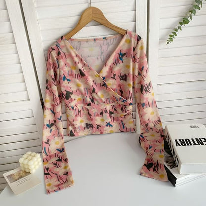 Long-Sleeve V-Neck Floral Print Wrap Mesh Top