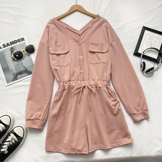 Long-Sleeve V-Neck Plain Button-Up Drawstring Romper