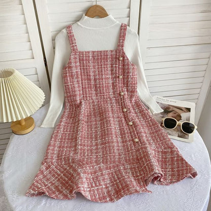 Set: Long-Sleeve High Neck Plain Ribbed Knit Top + Tweed Plaid Mini Dungaree Dress