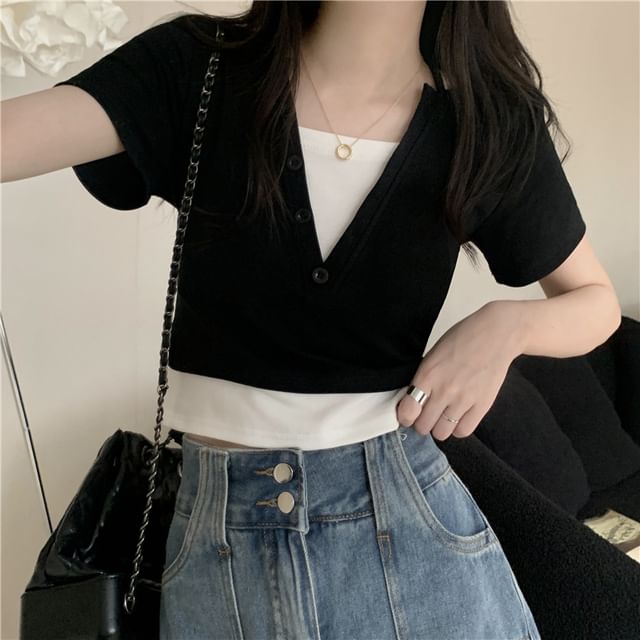 Mock Two-Piece Short-Sleeve Halter Top