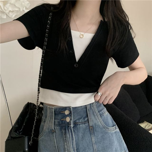 Mock Two-Piece Short-Sleeve Halter Top