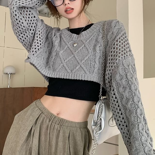 Crewneck Cable Knit Plain Crop Sweater