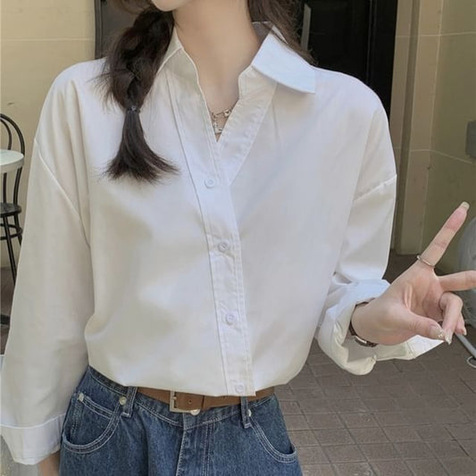 Long-Sleeve Asymmetrical Plain Shirt