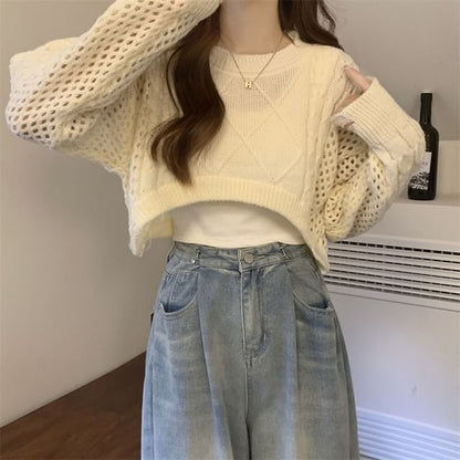 Crewneck Cable Knit Plain Crop Sweater