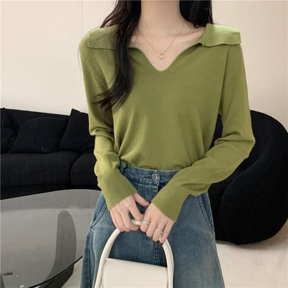 Long-Sleeve Collared Plain Knit Top