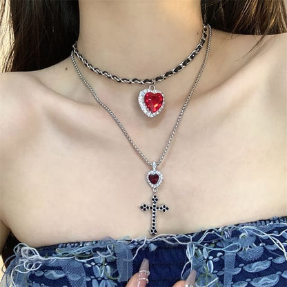 Alloy Layered Heart / Pendant Rhinestone Earring Drop Choker Cross