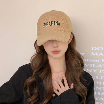 Lettering Embroidered Faux Shearling Baseball Cap