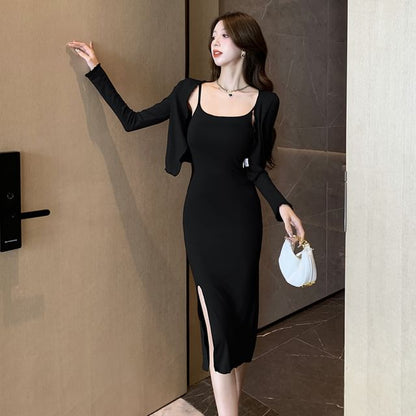 Set: Spaghetti Strap Plain Slit Midi Sheath Dress + Bolero