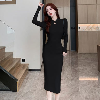 Long-Sleeve Stand Collar Plain Keyhole Ribbed Knit Midi Sheath Dress