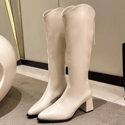 Chunky Pointy Leather Boots Heel Faux Tall