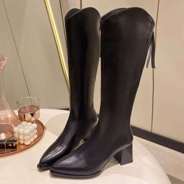 Chunky Pointy Leather Boots Heel Faux Tall