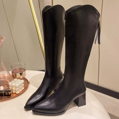 Chunky Pointy Leather Boots Heel Faux Tall