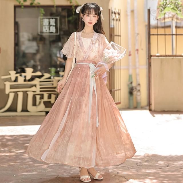 Short-Sleeve Lolita Floral Wrap Top / Camisole Top / High Waist Maxi A-Line Skirt / Set