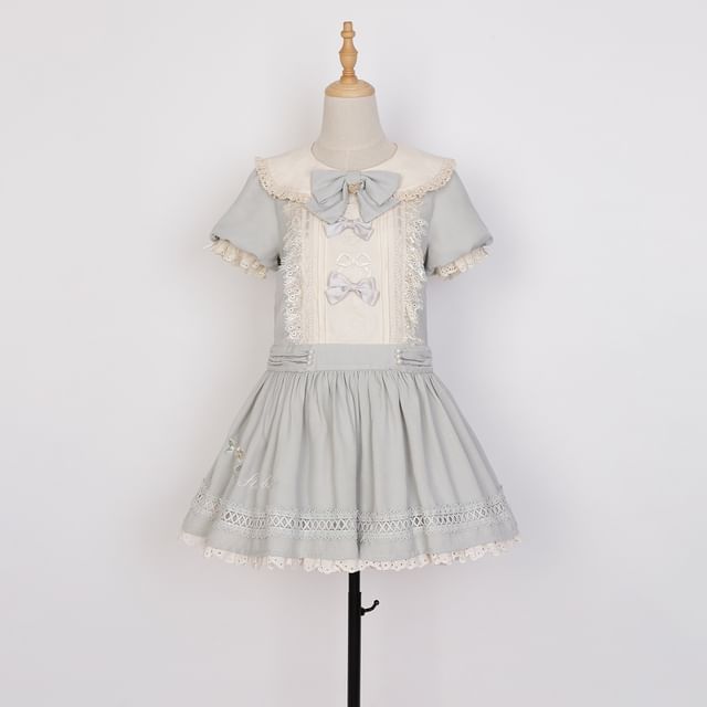 Lolita Short-Sleeve Collar Bow Accent  Mini A-Line  Dress