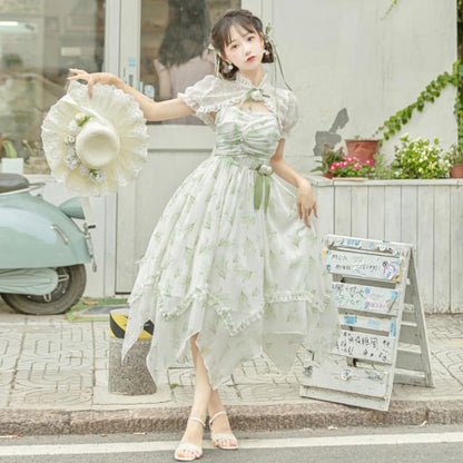 Lolita Spaghetti Strap Floral Print Midi Dress  / Lace Shrug / Set