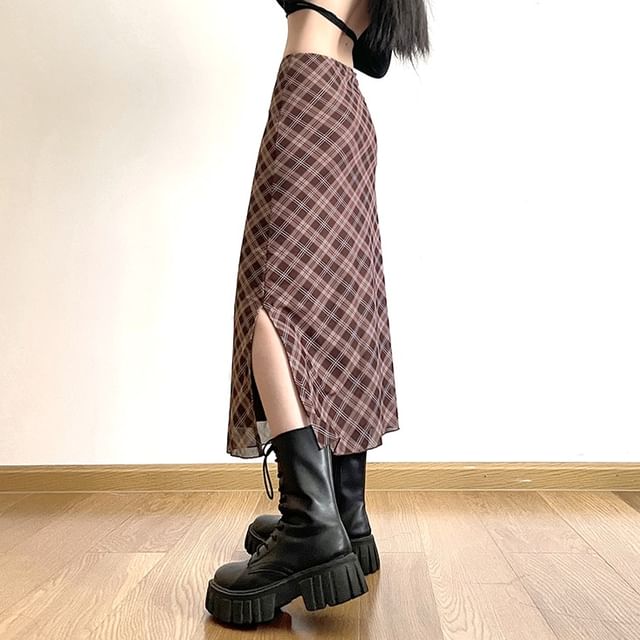 Mid Plaid A-Line Waist Midi Skirt