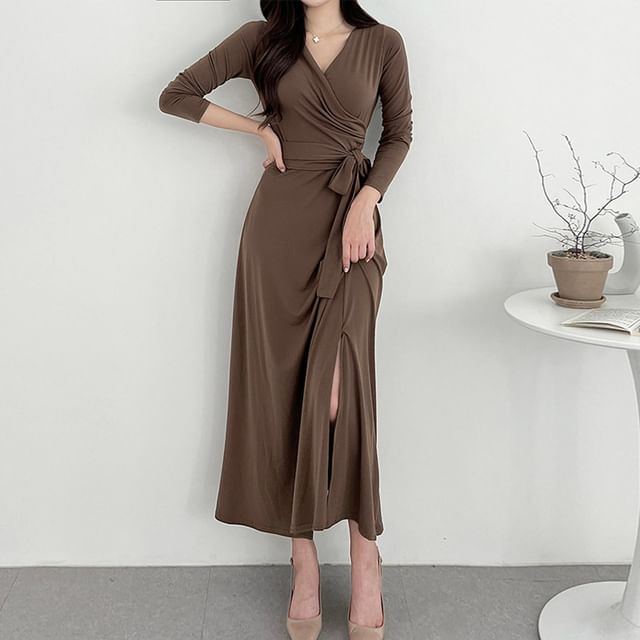 Long-Sleeve V-Neck Plain Wrap Tie-Front Slit Midi A-Line Dress