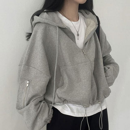 Plain Drawstring Zip Hoodie