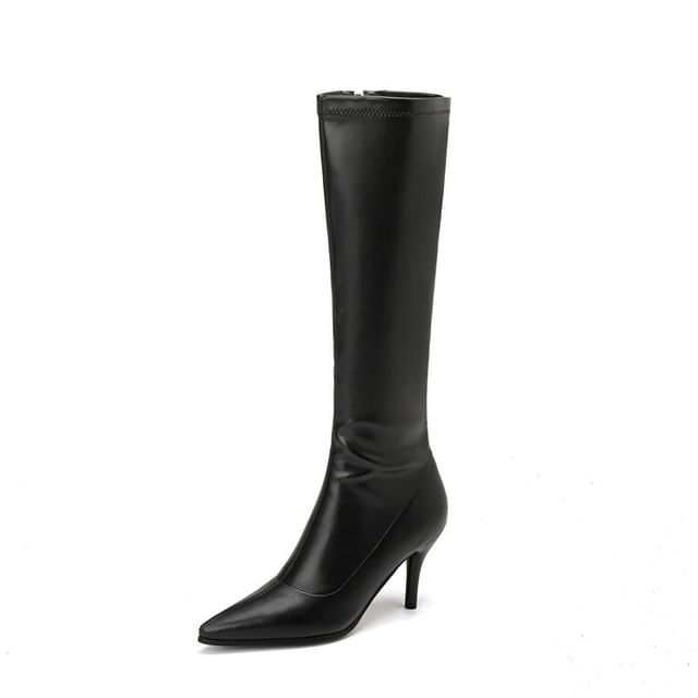 Stiletto Pointed Toe Plain Faux Leather Tall Boots