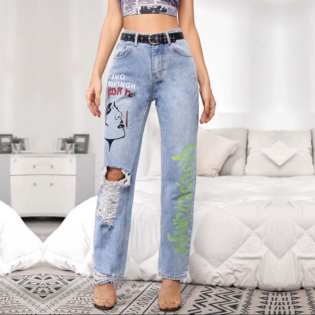 High Rise Graphic & Lettering Print Distressed Straight-Fit Wide-Leg Jeans