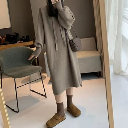 Dress Midi Knit Long-Sleeve Plain Hoodie